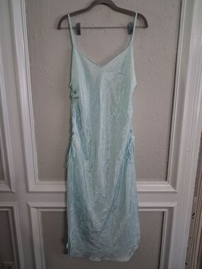 Vintage 80s innermost lingerie midid slip dress nightgown ice blue floral tie up